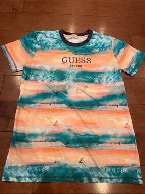 GUESS Teal & Peach Wave-Striped Graphic Tee